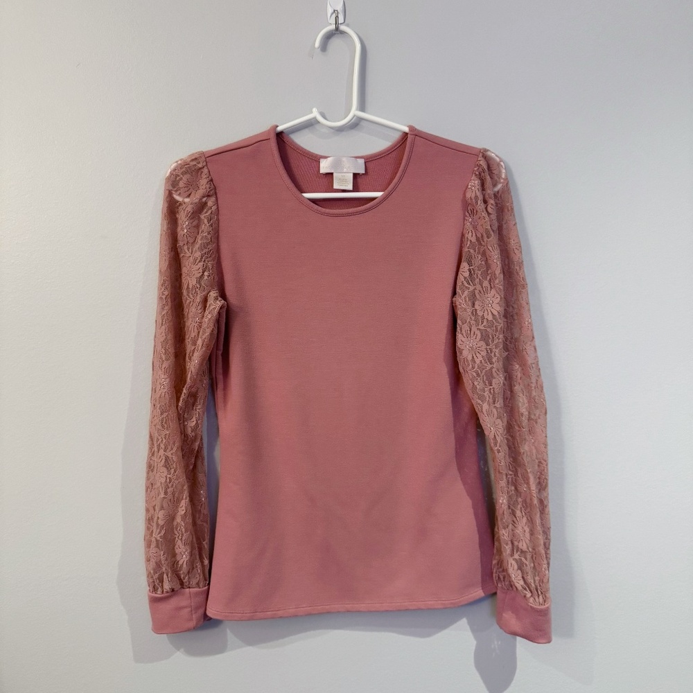 Rachel Parcell Dusty Rose Lace Sleeve Knit Top XS